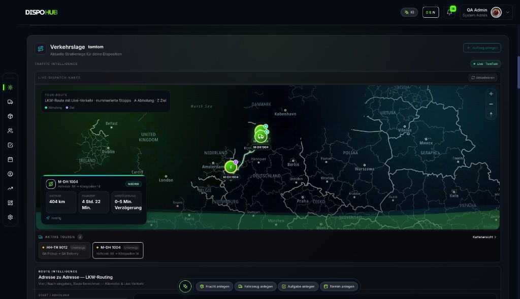Live-Verkehrslage und Route Intelligence auf der Dispositionskarte